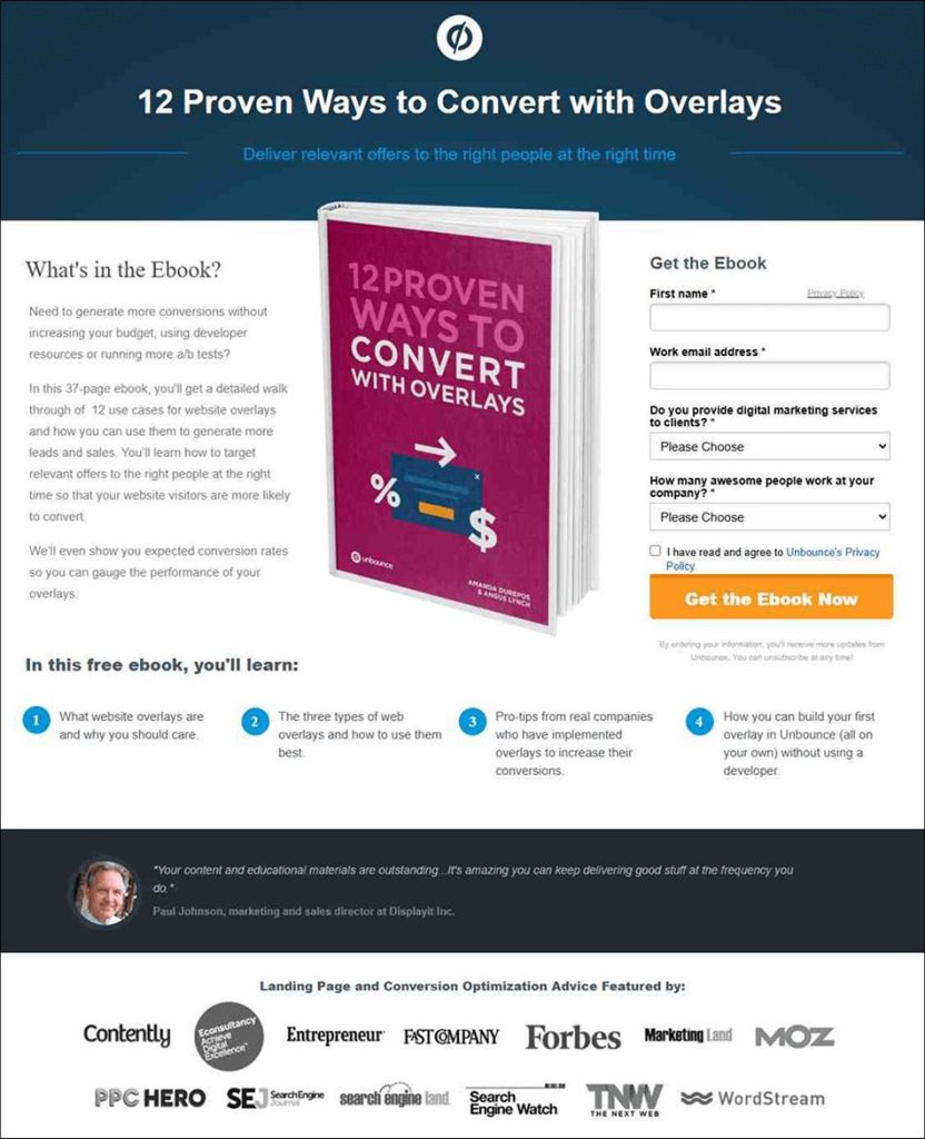 Unbounce free ebook squeeze page funnel example