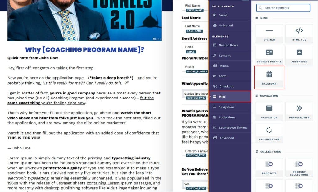 Clickfunnels' calendar element