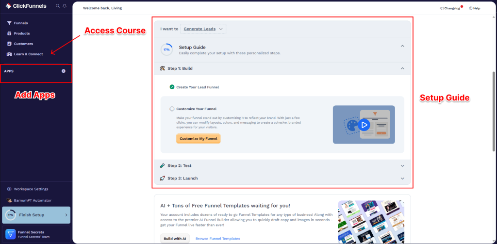 clickfunnels 2.0 dashboard interface