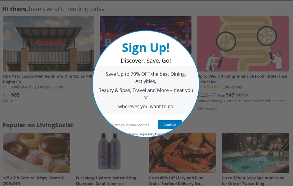 Daily Deal Funnel Example from LivingSocial. Pop-up 70% off