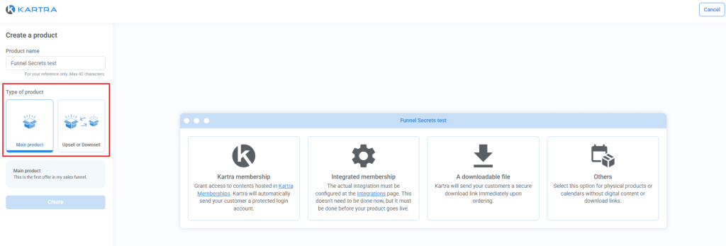 kartra create product