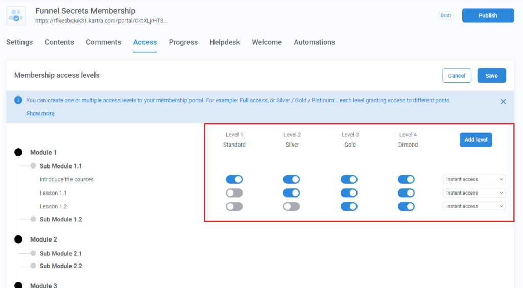 kartra membership level access