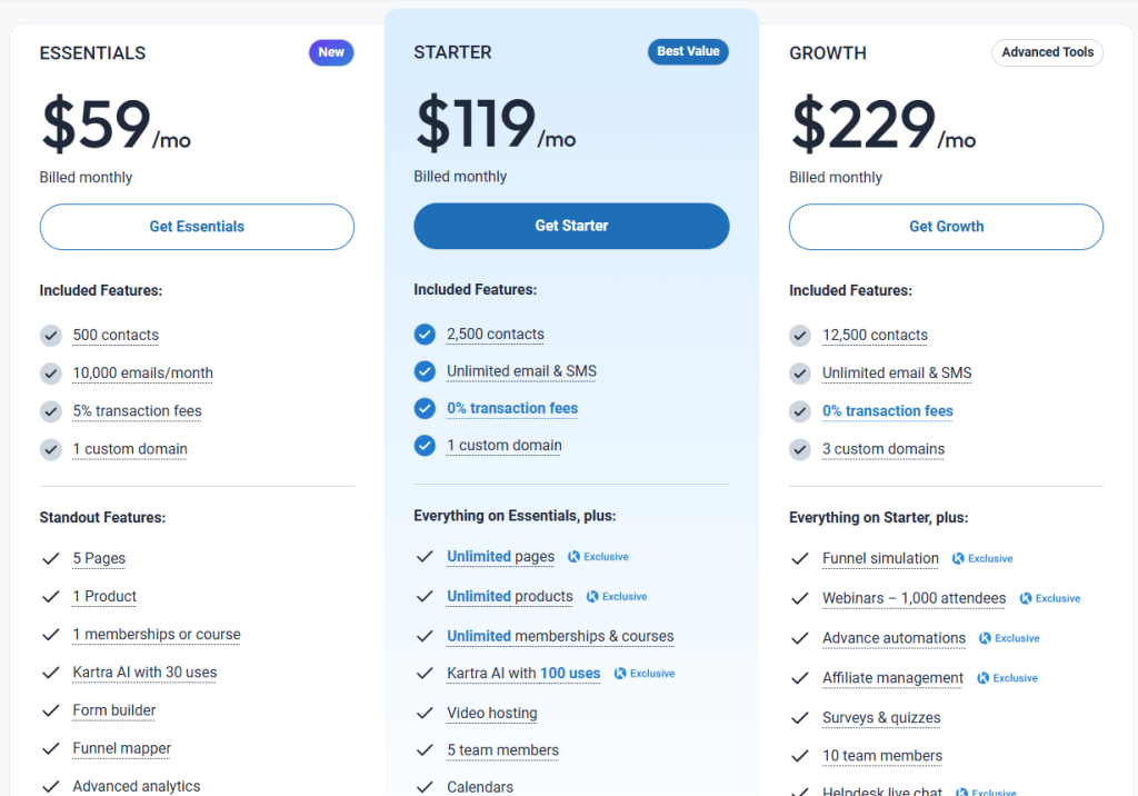 kartra pricing plan