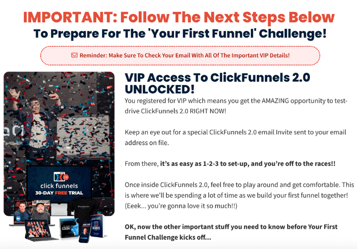 The Your First Funnel Challenge thank you page for VIP