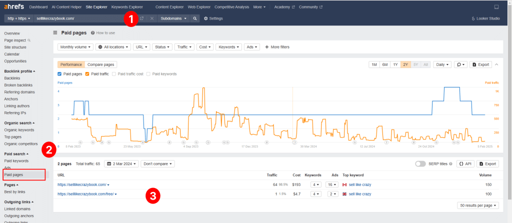 Identify the specific pages where competitors are running ads using Ahrefs.