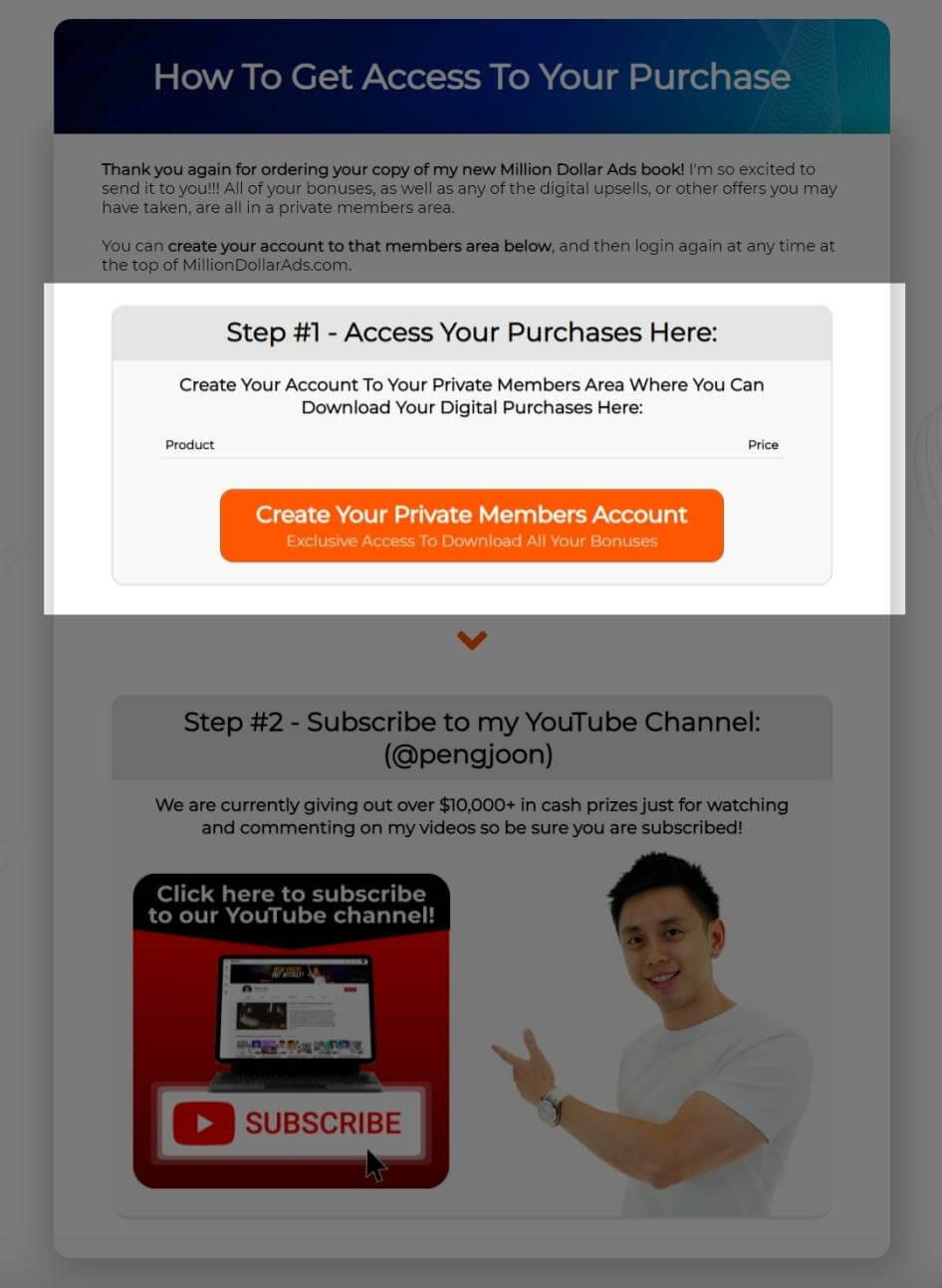 thank you page create account