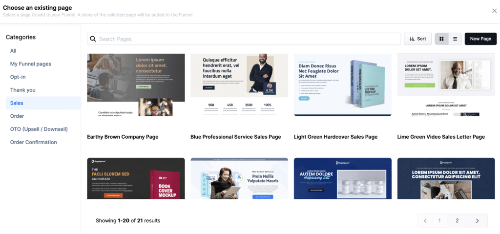 Clickfunnels' sales page templates library