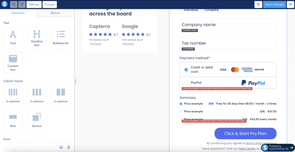 systeme io checkout page editor