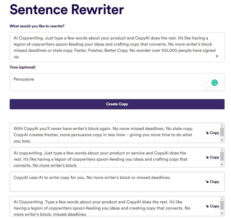 copy ai rewrite sentence