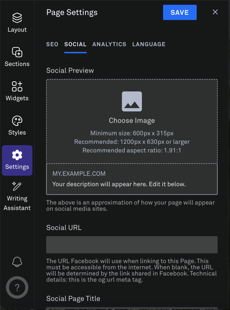 Configuring how your landing page appears on social media."