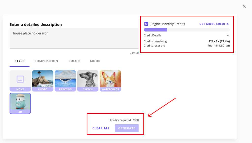 Leadpages' AI image generation tool showing credit usage and limits during a trial period.