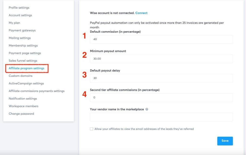 systeme.io affiliate program setting