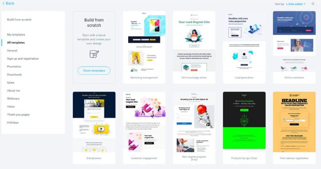 getresponse landing page templates