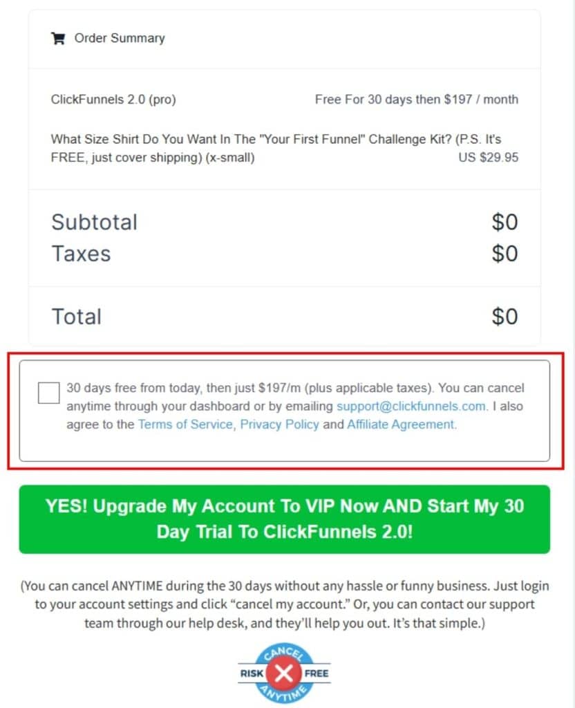 Confirm Clickfunnels 30 days trial on the order page of the Your  First Funnel Challenge