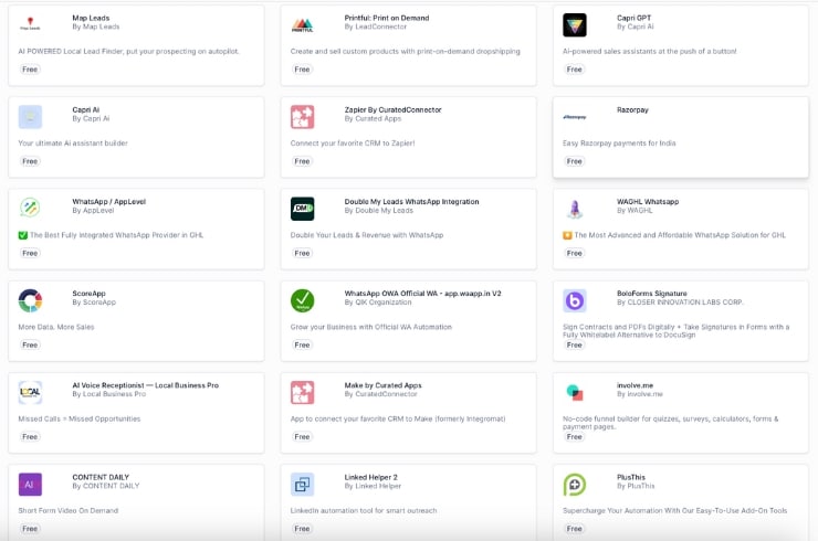 Screenshot displaying the wide range of third-party platforms and tools that seamlessly integrate with GoHighLevel