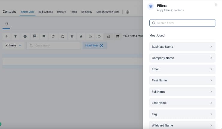 GoHighLevel Smart List Filter: Screenshot demonstrating precise contact segmentation by business name, appointment details, phone number, and other custom criteria.