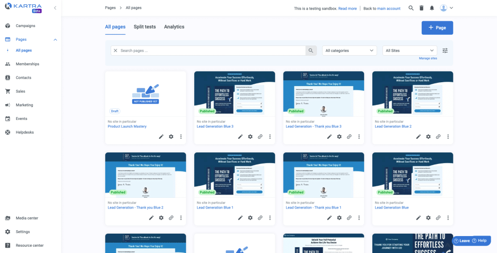 kartra pages and navigation