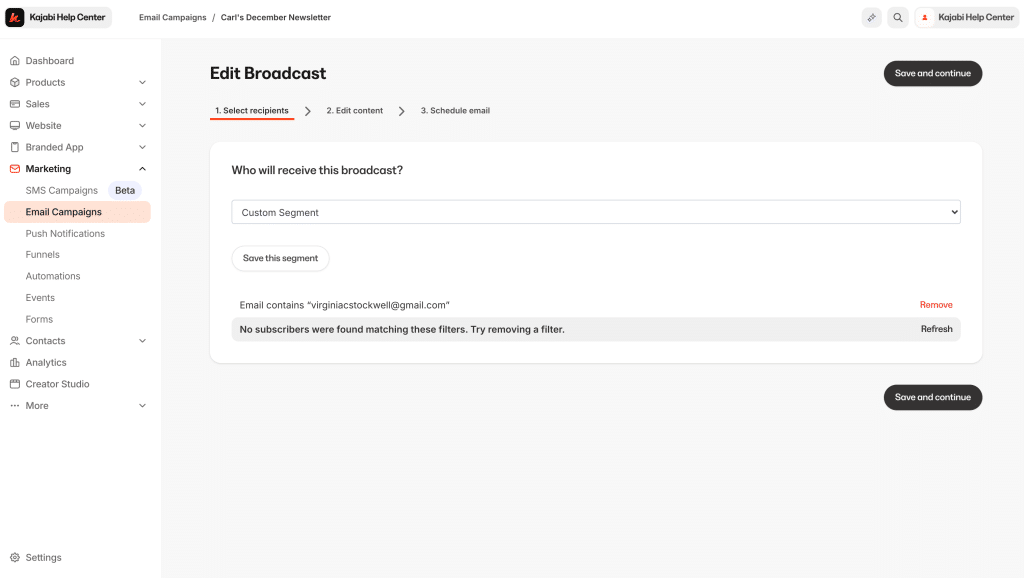 kajabi email campaign segment