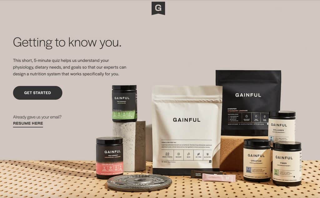 A variety of Gainful nutrition products—including powders, tubs, packets, and jars—are arranged on a beige perforated surface, with a headline reading “Getting to know you” and a engaging quiz funnel call-to-action button that says Get Started.