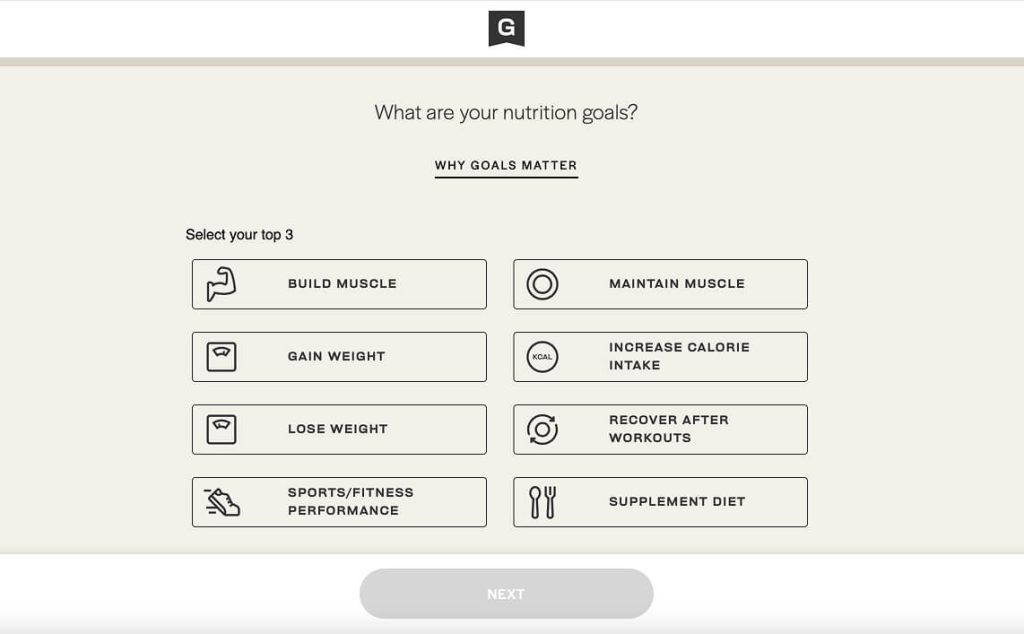 A nutrition goals selection screen designed as a quiz funnel, featuring options like Build Muscle, Gain Weight, Lose Weight, Recover After Workouts, Sports/Fitness Performance, and Supplement Diet.