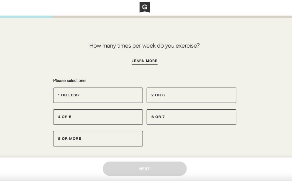 A quiz marketing funnel question asks, How many times per week do you exercise? with options: 1 or less, 2 or 3, 4 or 5, 6 or 7, and 8 or more. A greyed-out Next button appears at the bottom.