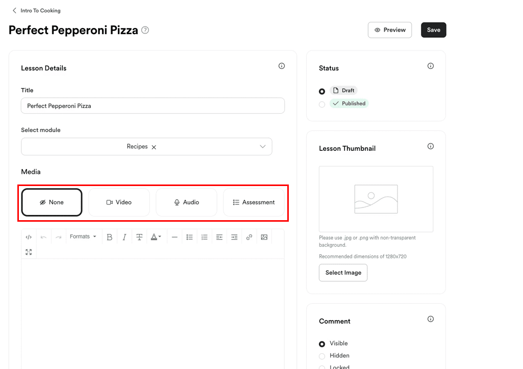 Kajabi allows users upload image, video, audio and add assessments