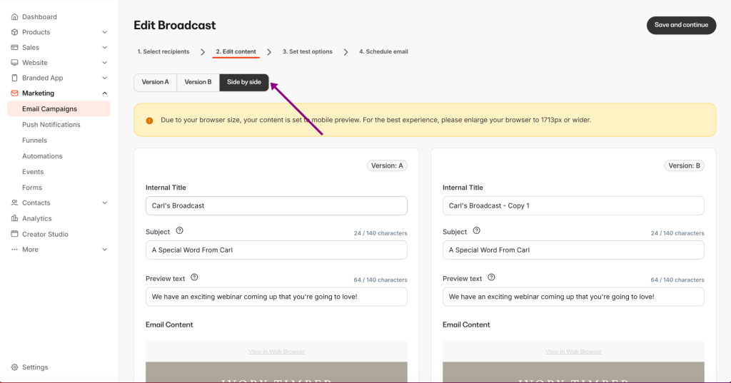 Kajabi A/B testing email broadcast