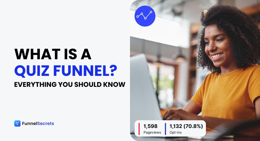 A smiling woman in an orange shirt uses a laptop. Text reads “What is a Quiz Funnel? Everything You Should Know.” A graphic highlights quiz funnel stats: 1,598 pageviews and 1,132 opt-ins. The FunnelSecrets logo is at the bottom.