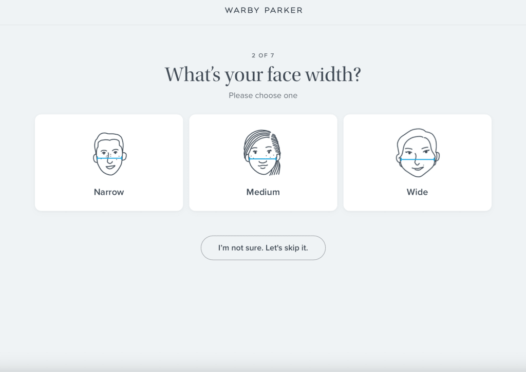 A webpage from Warby Parker asks “What’s your face width?” as part of a quiz funnel, offering three illustrated options: Narrow, Medium, and Wide. Below the options is a button labeled “I’m not sure. Let’s skip it.”.