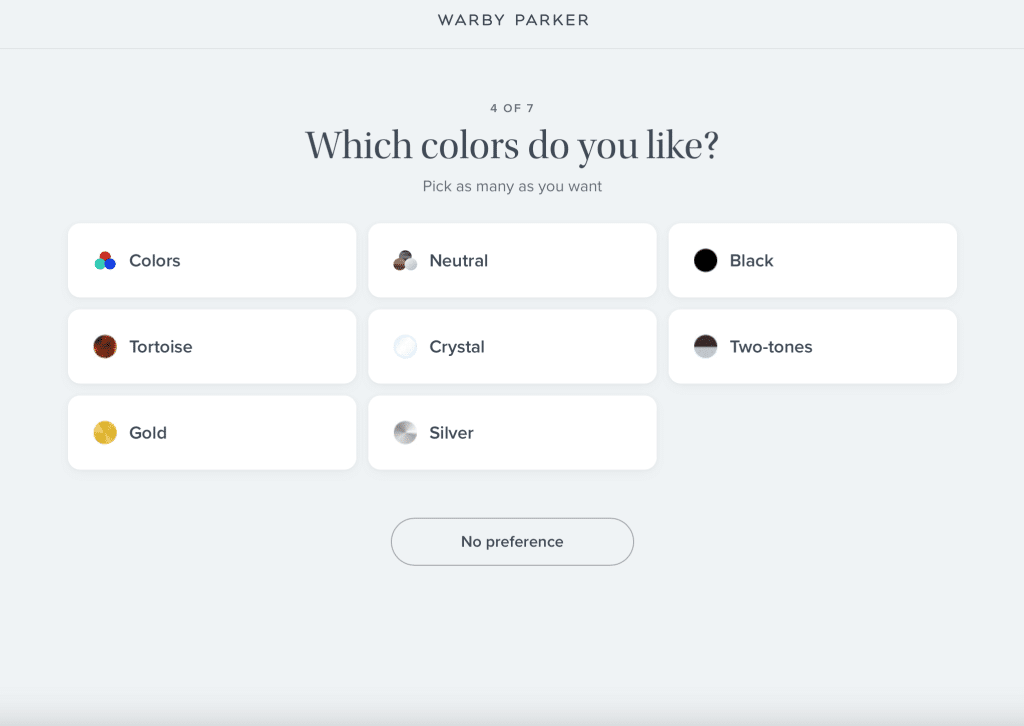 As part of their quiz funnel, Warby Parker asks, Which colors do you like? with options including Black, Tortoise, Crystal, Two-tones, Gold, Silver, and a No preference button for easy selection.