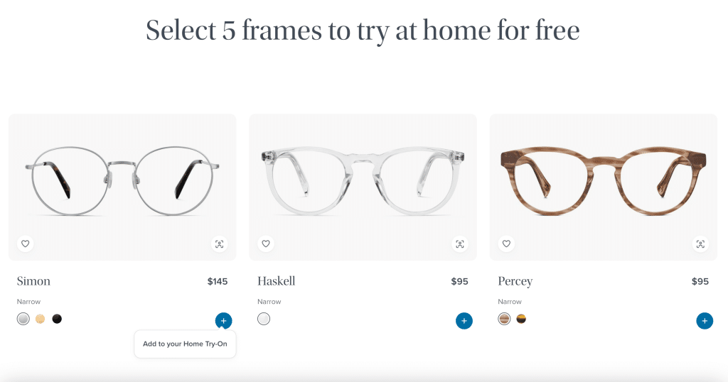 Screenshot of a website featuring a product discovery quiz to help you choose from three eyeglass frames—Simon ($145), Haskell ($95), and Percey ($95)—with photos, style details, and options to select and try them at home for free.