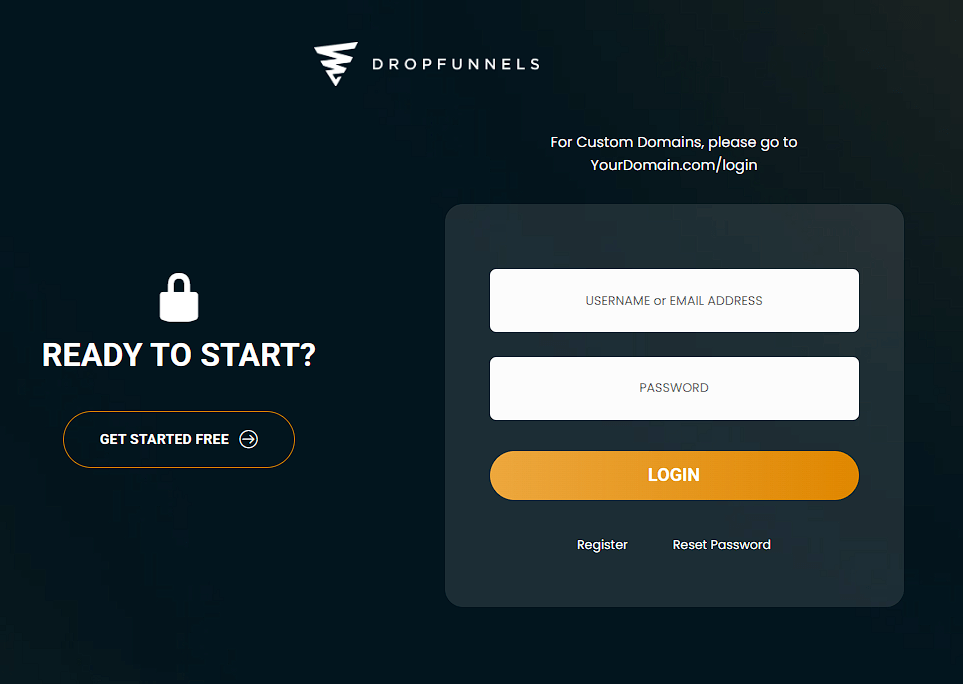 dropfunnels login page shows the form and the Get Started Free button