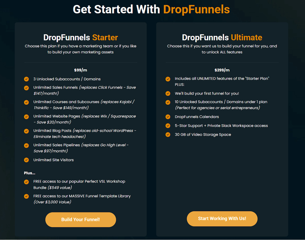 Screenshot of the new DropFunnels pricing in 2025, a key factor in the DropFunnels vs ClickFunnels comparison.