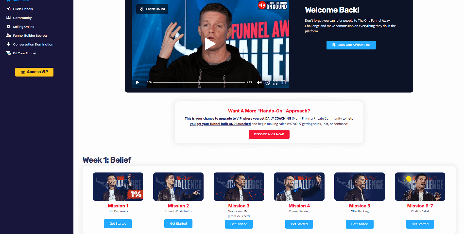 One Funnel Away Challenge review dashboard showing 2025 expert and ecommerce training paths with Russell Brunson video lessons