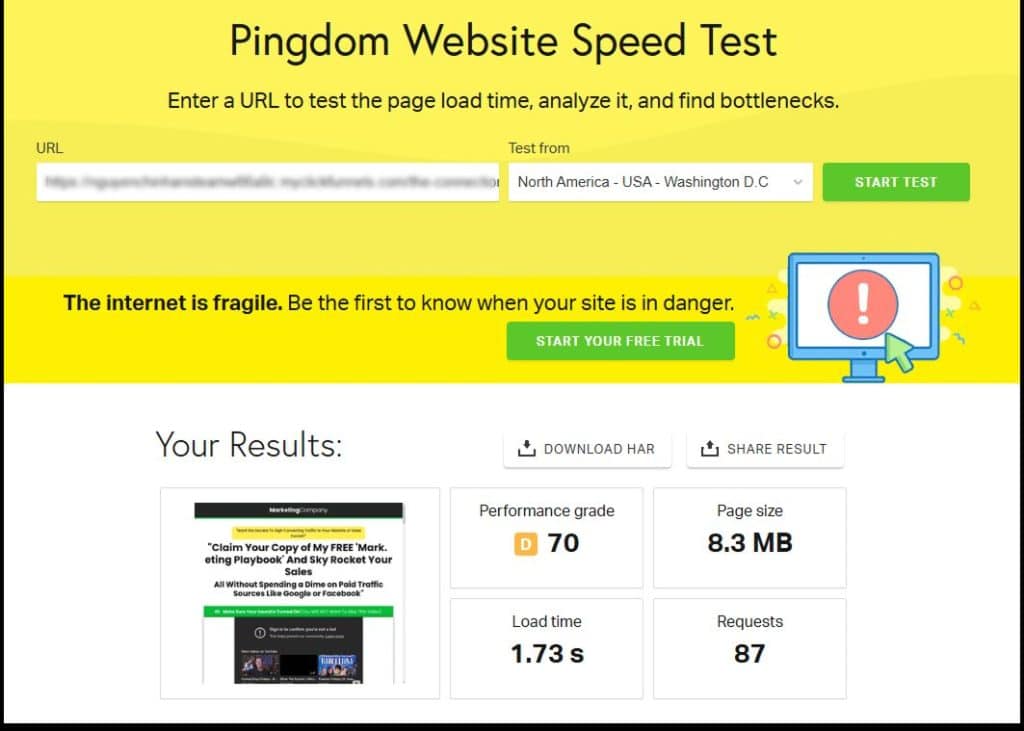 clickfunnels pingdom page speed test D grade