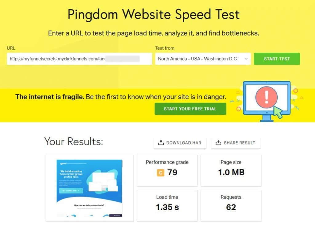 clickfunnels page speed test pingdom grade C