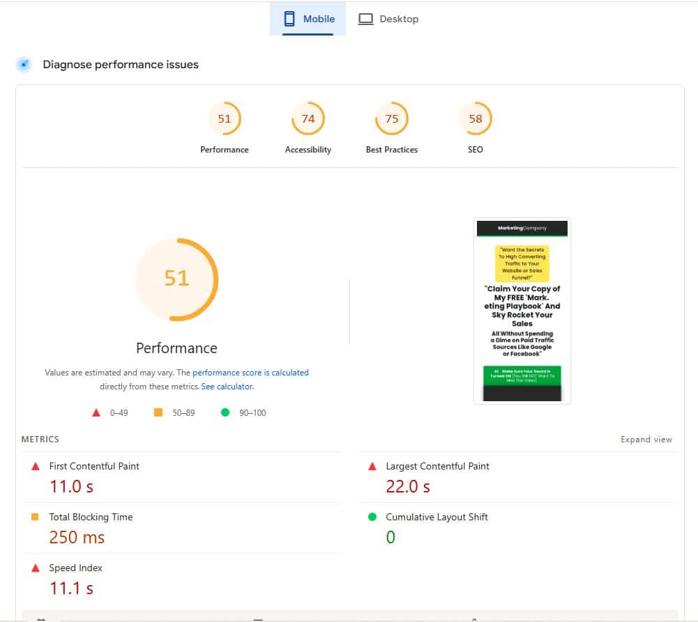 Clickfunnels page speed test mobile 51/100