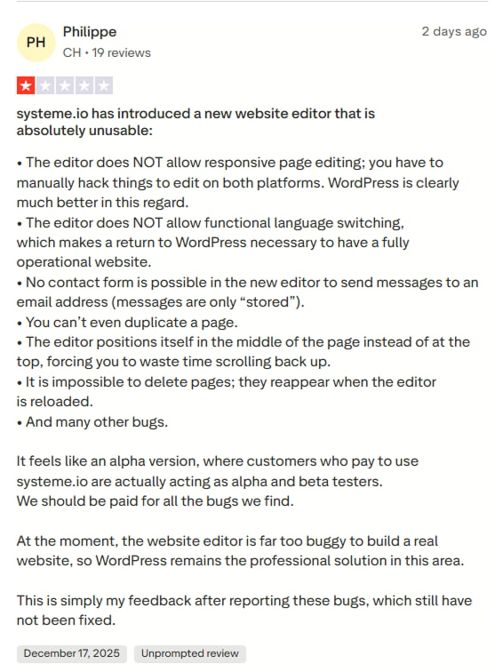 Systeme.io negative reviews about website editor