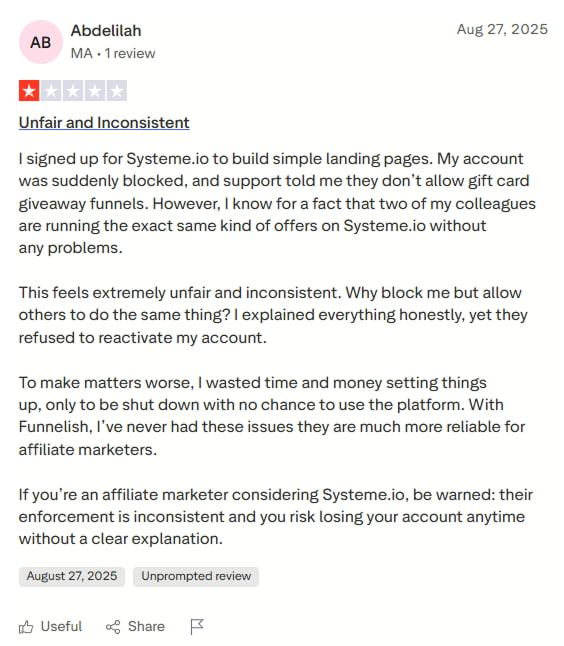 systeme.io negative reviews about account suddenly blocked