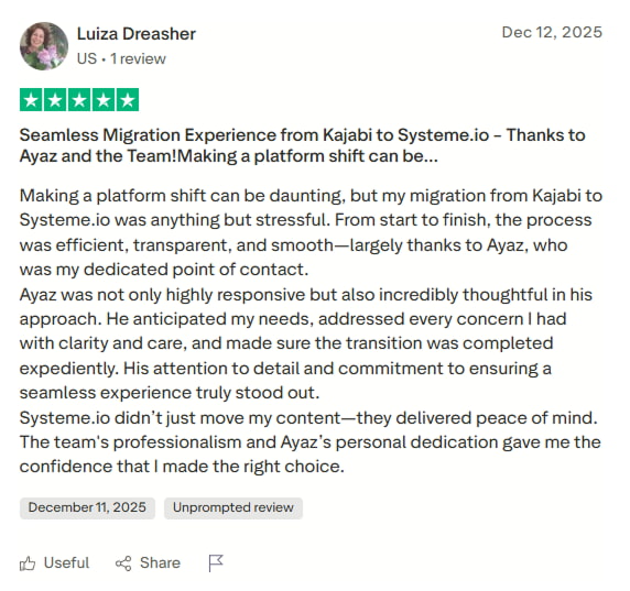Systeme.io positive review about migration service
