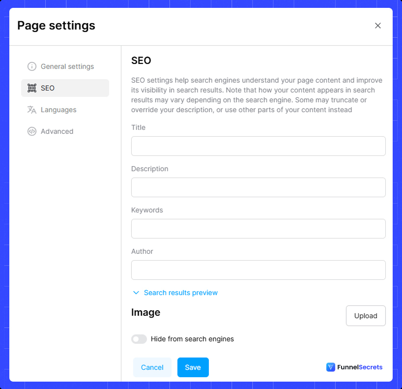 Systeme.io SEO setting