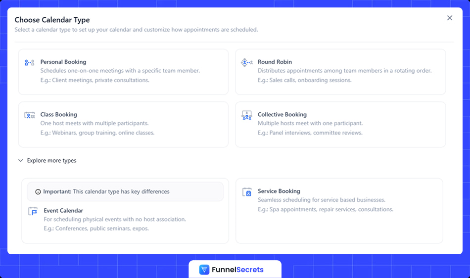 Choose calendar type in Gohighlevel