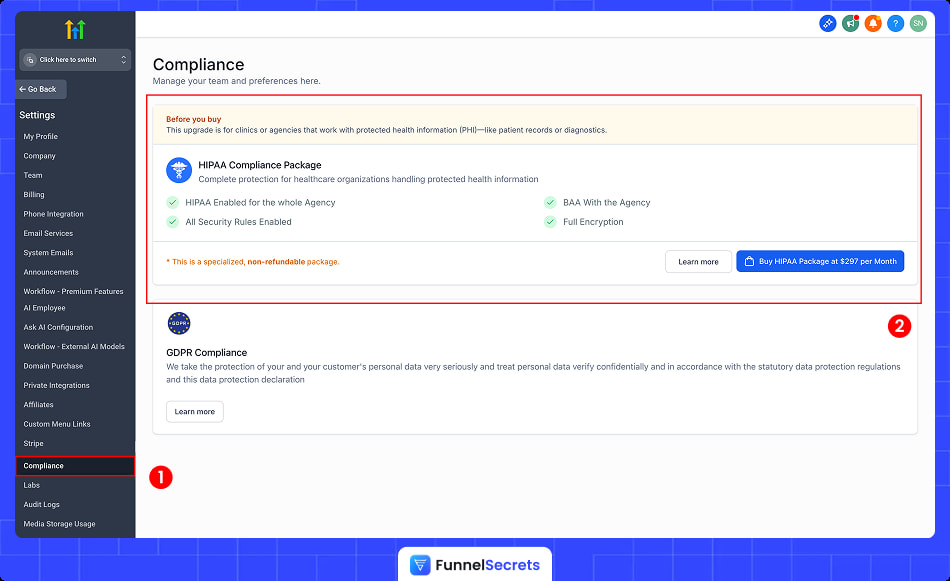 Select compliance tab in Gohighlevel