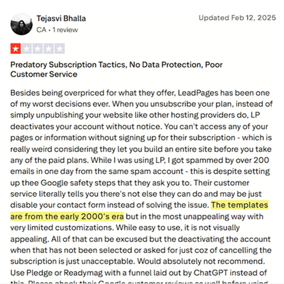 Leadpages negative review templates from the early 2000's era