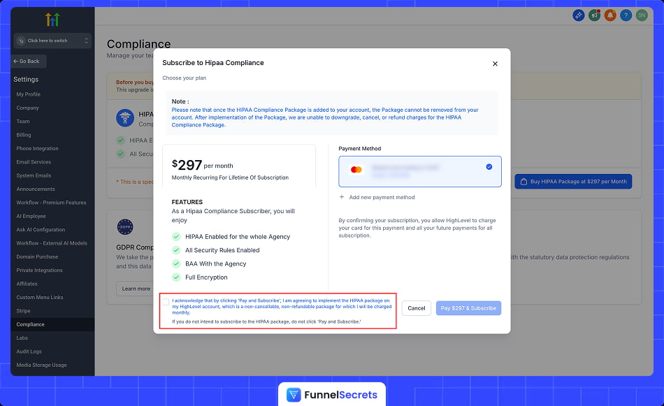 subcribe to gohighlevel hipaa compliance