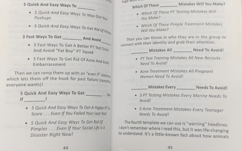 Inside pages of Copywriting Secrets showing a fill-in-the-blank headline template