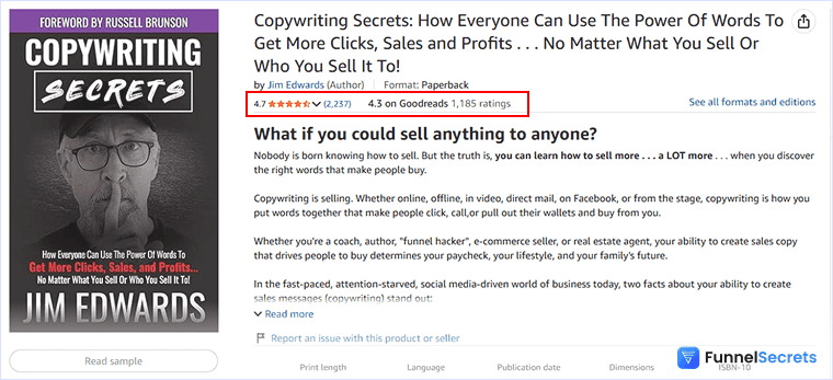 Copywriting Secrets Amazon rating showing 4.7 stars from over 2000 reviews