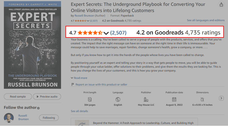 Expert Secrets book rating 4.7/5 on Amazon